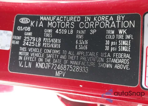 2008 Kia Sportage Lx z USA, uszkodzony, nr VIN KNDJF724687528933